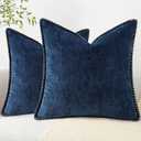 DecorUhome Chenille Soft Cozy Throw Pillow Covers 24x24 Set of 2, Modern Farmhouse Boho Velvet Decorative Euro Sham Pillow Cases with Stitched Edge for Couch Sofa Bed Home Decor, Poseidon
