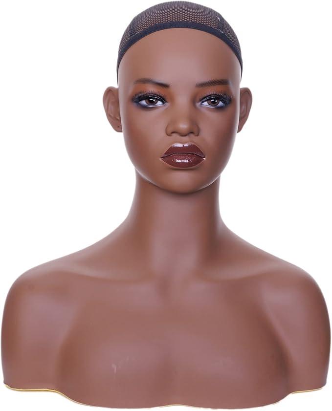Hitleed Realistic Mannequin Head with Shoulders for Wig Displaying, Wig Display Head Stand , Makeup Design Brown