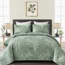 DJY Sage Green Quilt Set Twin Size Branch Botanical Pattern Bedspread Coverlet Set, Soft Microfiber Green Floral Quilt Bedding Set Lightweight Summer Bedspread for All Season, 68''x86''