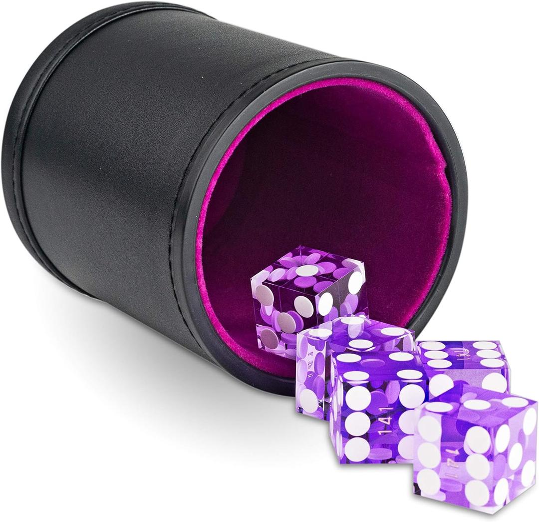 Leather Dice Cup with 5 Casino Dice, Purple
