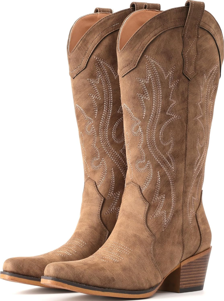 IUV Cowboy Boots For Women Western Cowgirl Boots with Chunky Heel Mid Calf Snip Toe Ideal for low insteps
 (8, Camel)