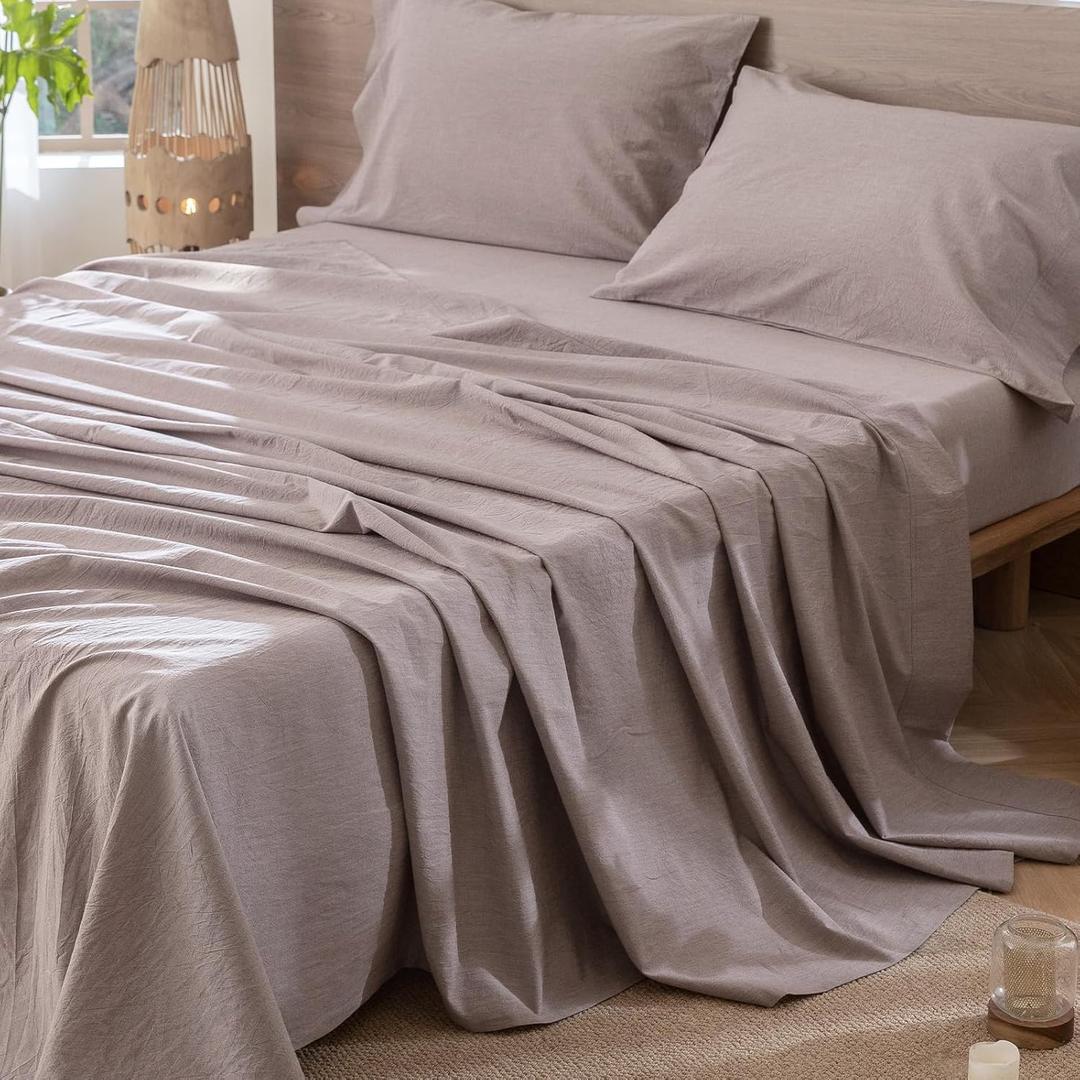 MooMee Flat Top Sheet Only 100% Washed Cotton Linen Like Textured Breathable Durable Soft Comfy (Mauve Brown, King)