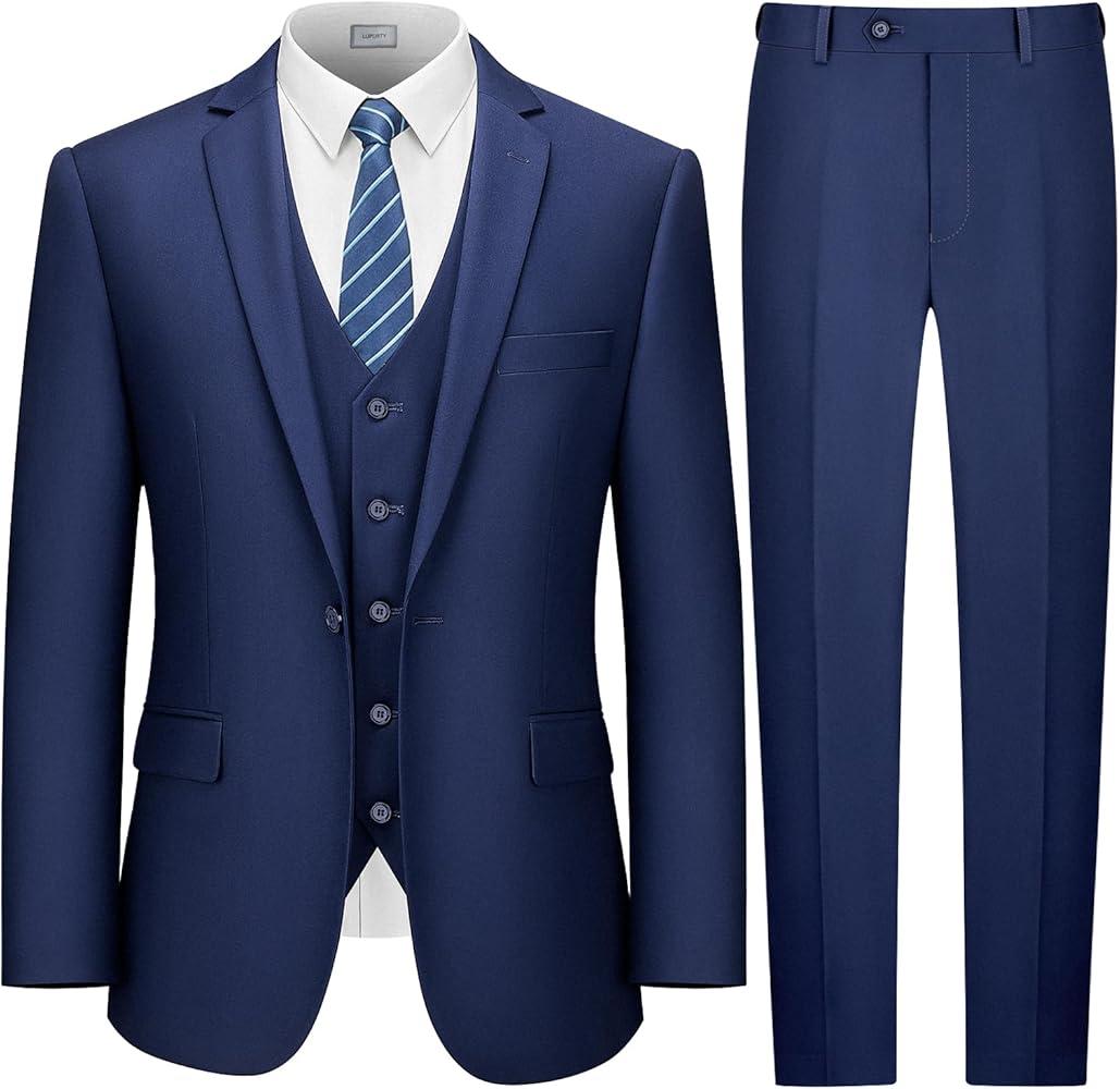 LUPURTY Suits for Men, 3 Piece Men's Suit Slim Fit, Solid Jacket Vest Pants with Tie, One Button Tuxedo Set, 44R/XL