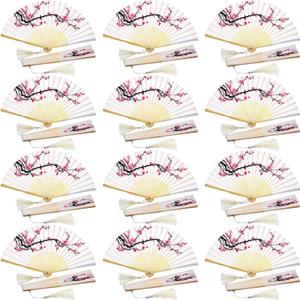 Chuangdi 12 Pcs Folding Hand Fans for Line Dancing Bulk Silk Fabric Popping Clapping Fans for Line Dancing on The Ground for Women Foldable Wedding Decoration Gifts(Cherry)