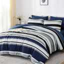 WONGS BEDDING Queen Comforter Set, 7 Pieces Blue Comforter Set Queen, Soft Striped Bed in a Bag Bedding Set with Comforter, Flat Sheet, Fitted Sheet, Pillow Shams, Pillowcase