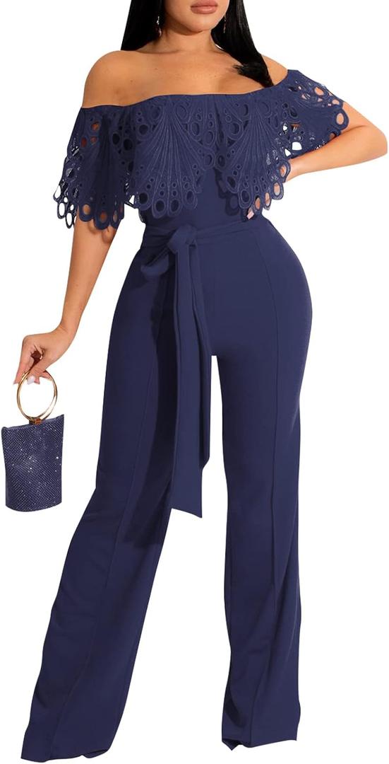YouSexy Off Shoulder Jumpsuit for Women High Waist Wide Leg Long Pants Belted Romper Jumpsuits (Small, Navy Blue)