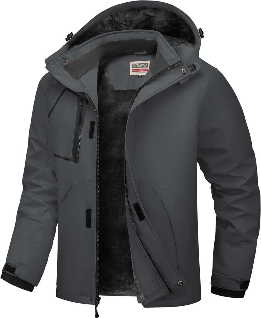 WULFUL Men's Waterproof Ski Jacket Warm Winter Coats Windproof Winter Jackets for Men Fleece Lined Windbreaker with Hood (Large, Dark Grey)