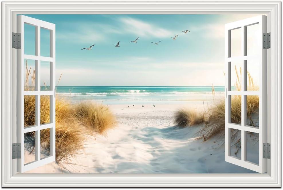 Canvas Wall Art Ocean Prints for Living Room & Bedroom - White Window Style Beach Path Painting Coastal Seascape Artwork - Reeds Landscape for Home Office Decorations (24"x36") (36L" x 24W", Beach Reeds Canvas Pictures)