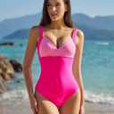 QINSEN Womens Sexy V Neck One Piece Bathing Suit Color Block Swimsuit High Waist Monokini (Pink, M)