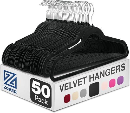 Zober Velvet Hangers 50 Pack - Black for Coats, Pants & Dress Clothes - Non Slip w/ 360 Degree Swivel, Holds up to 10 lbs - Strong Felt Hangers for Clothing