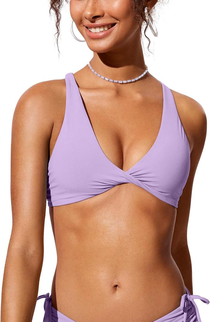 CRZ YOGA Womens V Neck Bikini Tops Twist Front Triangle Sexy Bathing Suit Criss Cross Back Swimsuit Padded (Large, Elfin Purple)