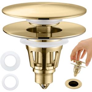 Universal Bathroom Sink Stopper - Pop Up Sink Drain Stopper, Push Button Flixfilter Sink Drain Stopper Replacement, Wash Basin Drain Filter Plug Anti-Clogging Basket, Brushed Gold