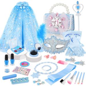 deAO Princess Dress Up Set Kids Makeup Kit for Girls Make up Set Accessories with Handbag Kids Pretend Magic Wand for 3-6 Girls