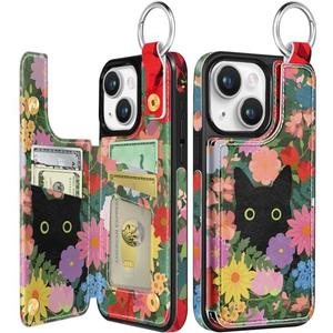 Shorogyt Compatible with iPhone 14 Wallet Case with Card Holder - Designer Floral Cat Pattern Kickstand Magnetic Clasp Back Flip Folio Leather Phone Covers