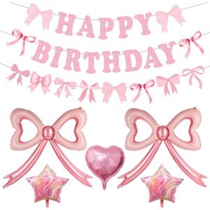2 x Pink Bow Happy Birthday Decorations - Large Bow Balloons Banner for Coquette Birthday Decorations Foil Balloons for Girls Women Pink Coquette Themed Party Decor
