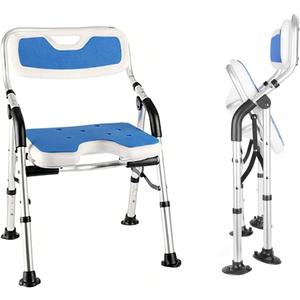 DEWEL Foldable Shower Chair for Elderly and Disabled, Folding Shower Seat with Armrests and Back Height Adjustable, Aluminum Alloy Bath Seat for Inside Shower, 330lbs Capacity (Blue)