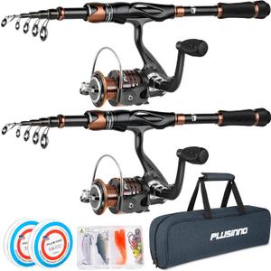 PLUSINNO Fishing Rod and Reel Combos, Bronze Warrior Toray IM6 Carbon Matrix Telescopic Fishing Rod Pole, 12 +1 Shielded Bearings Stainless Steel BB Spinning Reel, Travel Freshwater Fishing Gear (2PACK Full Kit with Carrier Case)