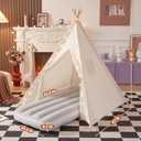 Wilwolfer 4 Pack Kids Teepee Tent with Inflatable Airbeds - Play Tent with Star Lights, Colorful Flags Foldable Toddler Sleepover Party Supplies Gifts(White)