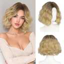 Haloo Blonde Bob Wig for Women Lace Front Hairline Short Soft Wavy Curly Natural Looking Middle Part Synthetic Hair Wigs for Daily Party, 11 Inch Ombre Blonde