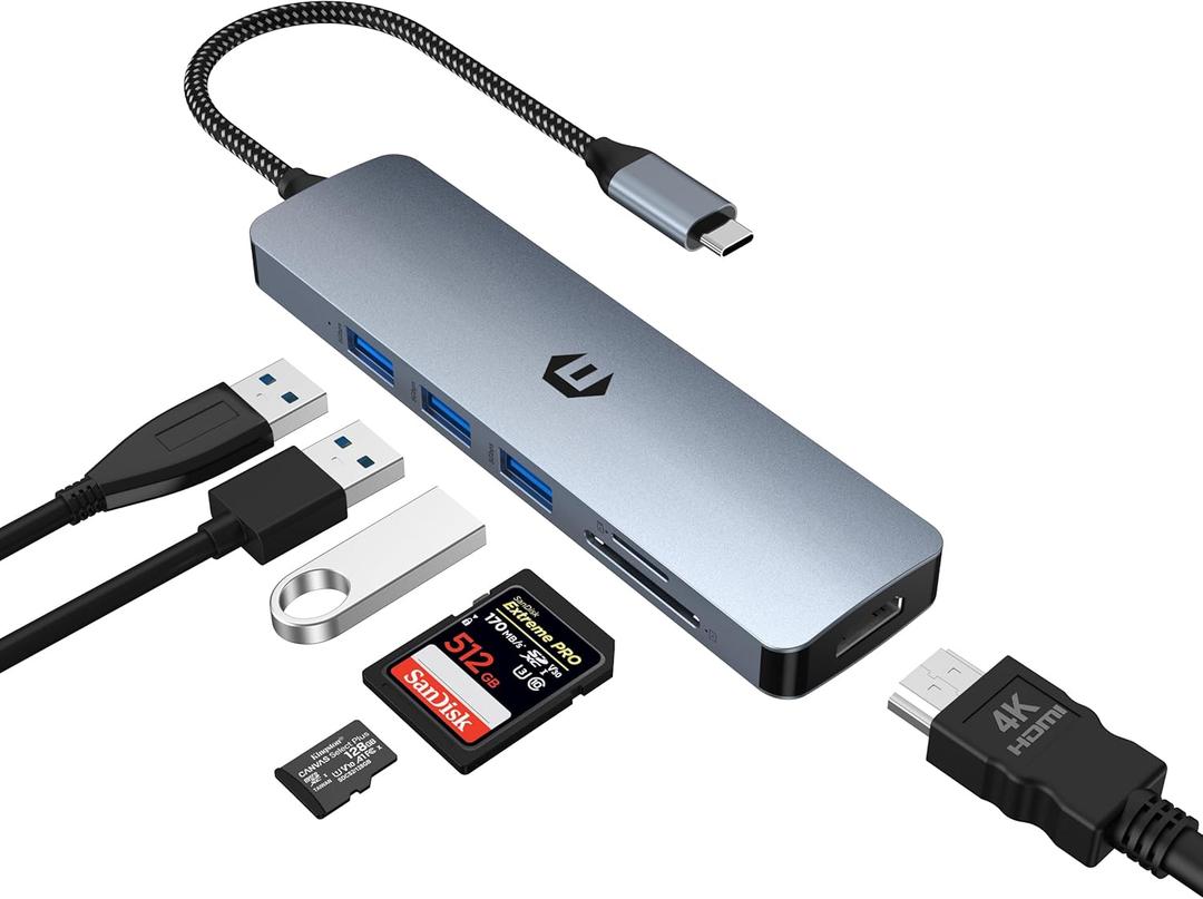 6 in 1 USB C Hub, USB C to USB Adapter with 4K HDMI, 3 x USB 3.0, SD/TF Card Slot, Optimized for New Laptop and Type C Devices