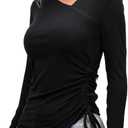 Womens Long Sleeve Rib Knit Top 2025 Asymmetrical V Neck Slim Fit Thin Shirt with Adjustable Drawstring Fall Casual Basic (Black)