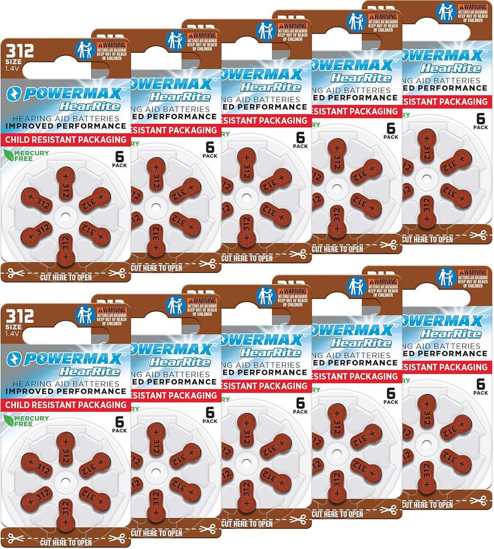 Powermax Size 312 Hearing Aid Batteries, 60 Count Long-Lasting Battery Pack, Brown Long Tab for Easy Change