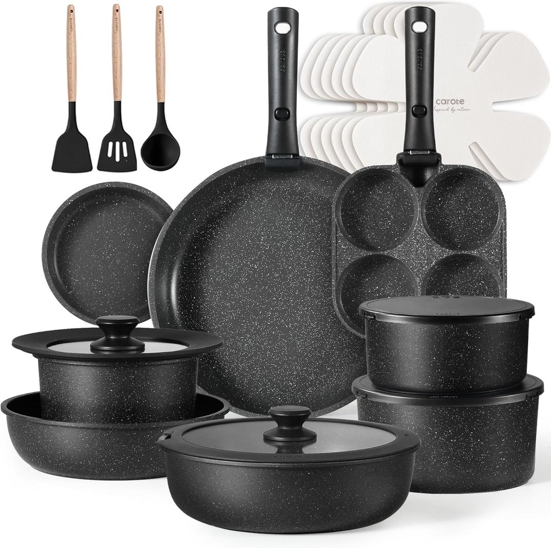 CAROTE 23pcs Pots and Pans Set Non Stick, Cookware Sets, Kitchen Set, Oven/Dishwasher/Fridge Safe, Space Saving Pots Set, Nonstick Set with Versatile Detachable Handle, Induction RV Set, Black (Midnight Black)