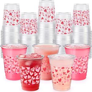 Qinyoung 100 Pcs Valentine's Day Plastic Cups 12 oz Clear Disposable Pink Red Heart Love Cup for Valentines Wedding Anniversary Birthday Beverage Coffee Juice Drinks Snacks Party Supplies