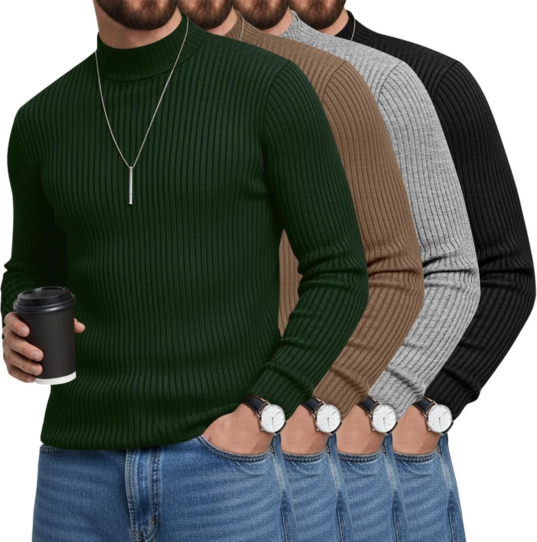 4 Pack Men's Mock Turtleneck T-Shirts Cotton Ribbed Knitted Long Sleeve Pullover Slim Fit Casual Basic Sweaters(Dark Green, Coffee, Gray, Black,Large) (Black, L)