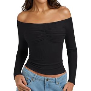 PINKMSTYLE Womens Off Shoulder Long Sleeve Top Fall Going Out Tops for Date Night Club Concert Outfits (Large, Black)