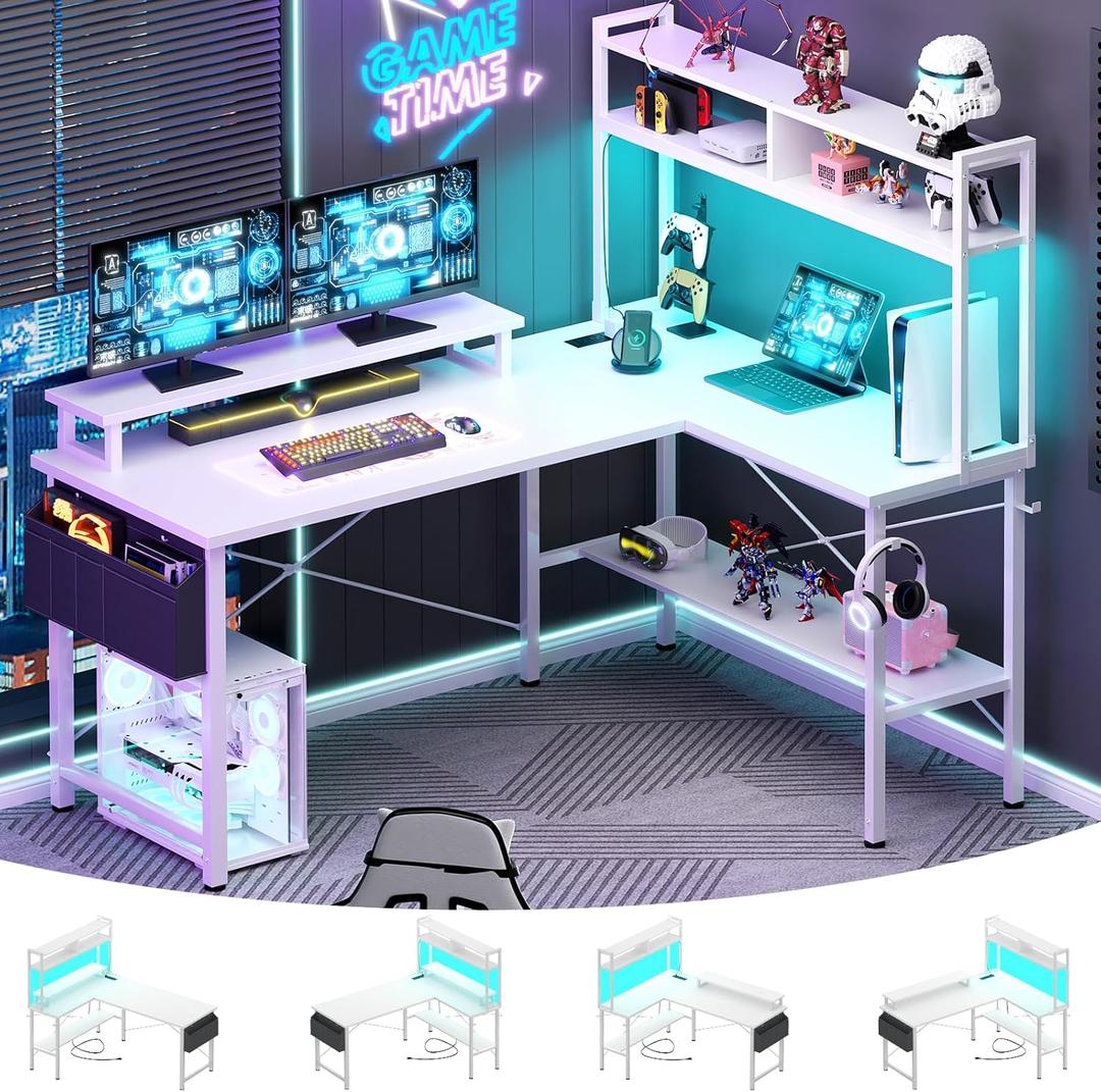 Aheaplus L Shaped Gaming Desk with Power Outlets & LED Lights, Small L- Shaped Desk Computer Corner Desk with Monitor Stand & Storage Shelf, Home Office Desk Writing Desk with Storage Bag, White (49Inch)