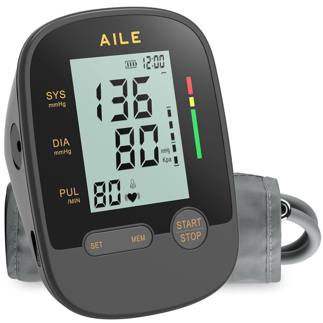 Upper Arm Blood Pressure Machine - AILE High Blood Pressure Monitors for Home use with Adjustable Blood Pressure Cuff - Large LCD Screen,Dual Power Option