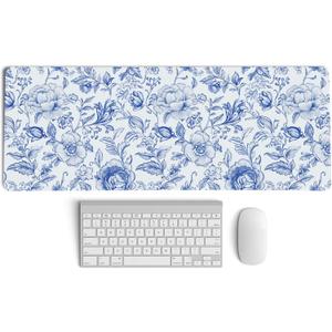 PaJiaNi Blue Chinoiserie Mouse Pad, Blue and White Floral Desk Mat, XL Large Floral Preppy Trendy Mouse Pad, Girly Gaming Mousepad, Girly Laptop Desk Mat for Dorm Home Office, 31.5x11.8 Inch