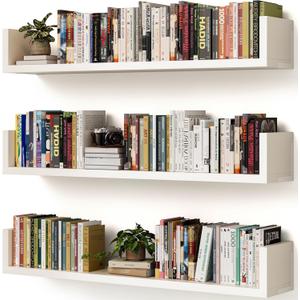 Wall Bookshelf, Set of 3, 36 Inches U Shaped Wall Shelves, Long Deep Floating Shelves, Large Floating Book Shelves - Wood Hanging Bookshelves for Kitchen, Bedroom (White)