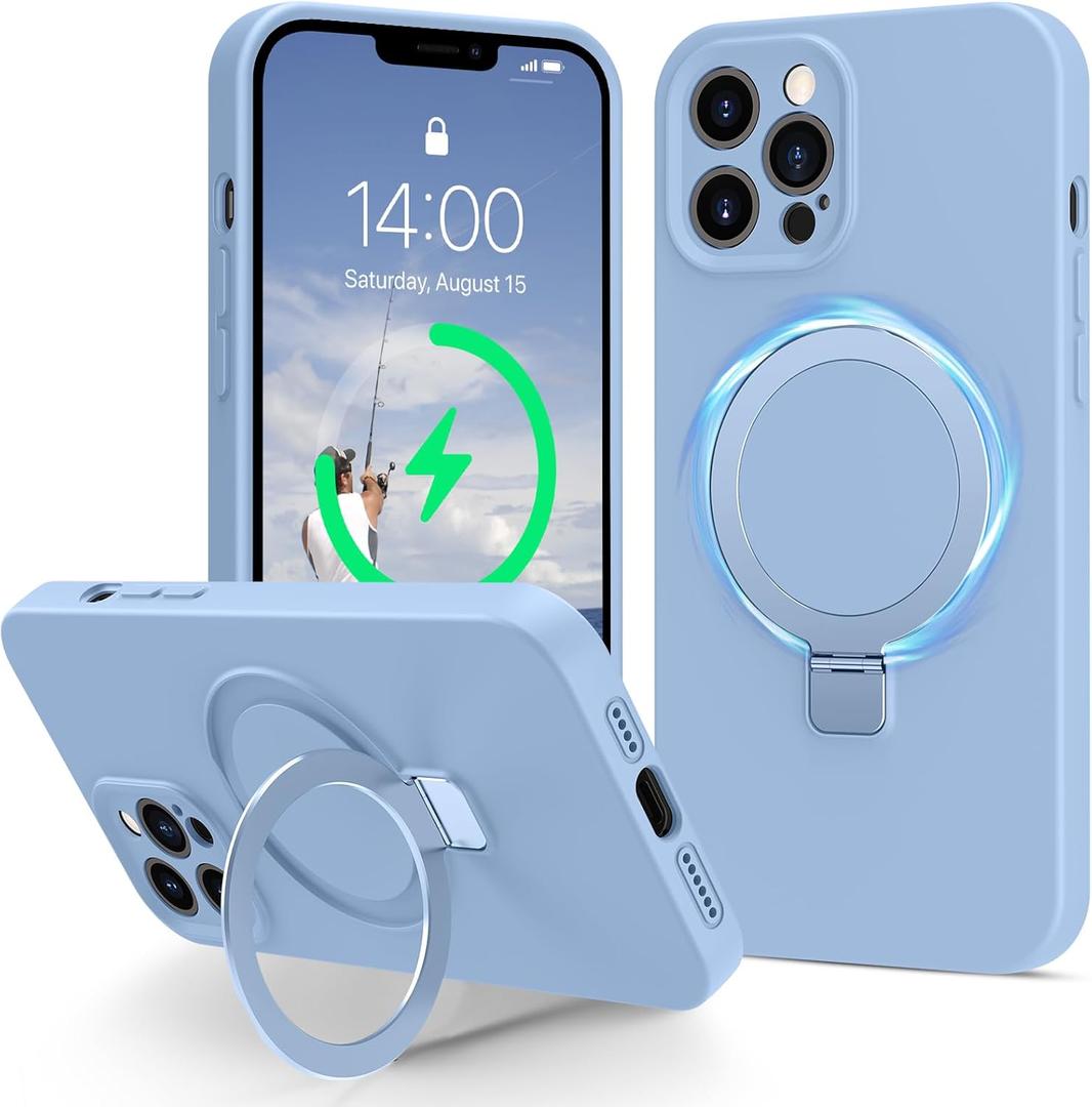 Compatible with iPhone 12 Pro Case Stand, Full Camera Protection Slim Liquid Silicone Phone Cases Fit for iPhone 12 Pro Compatible with MagSafe Magnetic Ring Kickstand Case 6.1", Light Blue