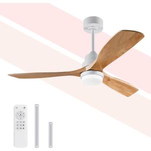 52 Inch Outdoor Ceiling Fan with Lights and Remote, 3 Blade Wood Ceiling Fan with Light,3CCT Dimmable, Indoor Outdoor Ceiling Fan for Patio Bedroom Living Room, Quiet Reversible DC Motor
