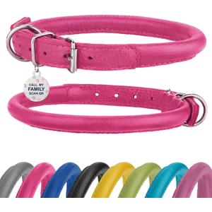 Rolled Leather Dog Collar Soft Round Collars, ID Tag for Small Medium Large Dogs(19-22 inch, Pink) (19 - 22 inch, Pink & Silver Buckle)