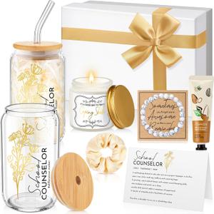 10 Pcs School Counselor Gifts for Women Guidance Appreciation Gifts Box with Glass Cup Candle Bracelet Hand Cream Hair Scrunchies for Teacher Employee(White)
