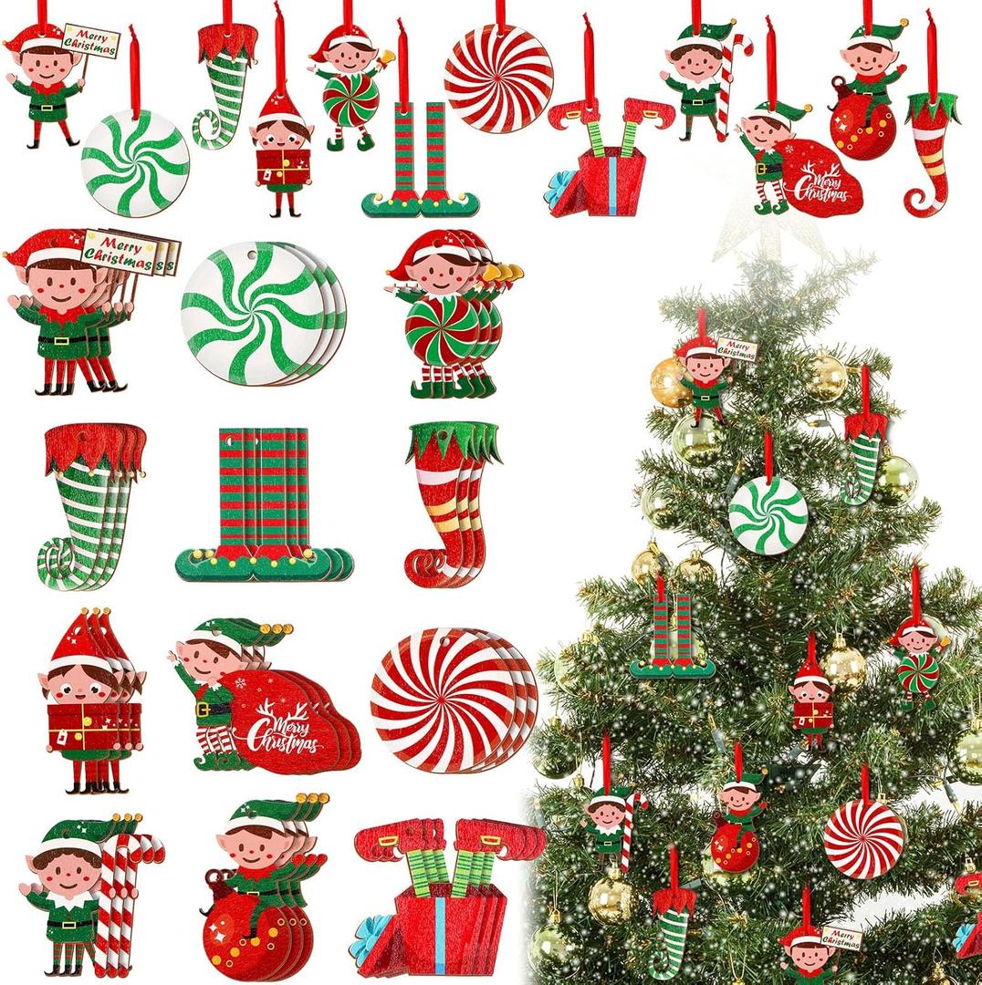Bucherry 36 Pcs Elf Wooden Christmas Tree Ornament Elves Peppermint Christmas Decorations Wood Xmas Santas Elves Decorative Hanging Ornaments for Xmas Tree Party Supplies Holiday Decor