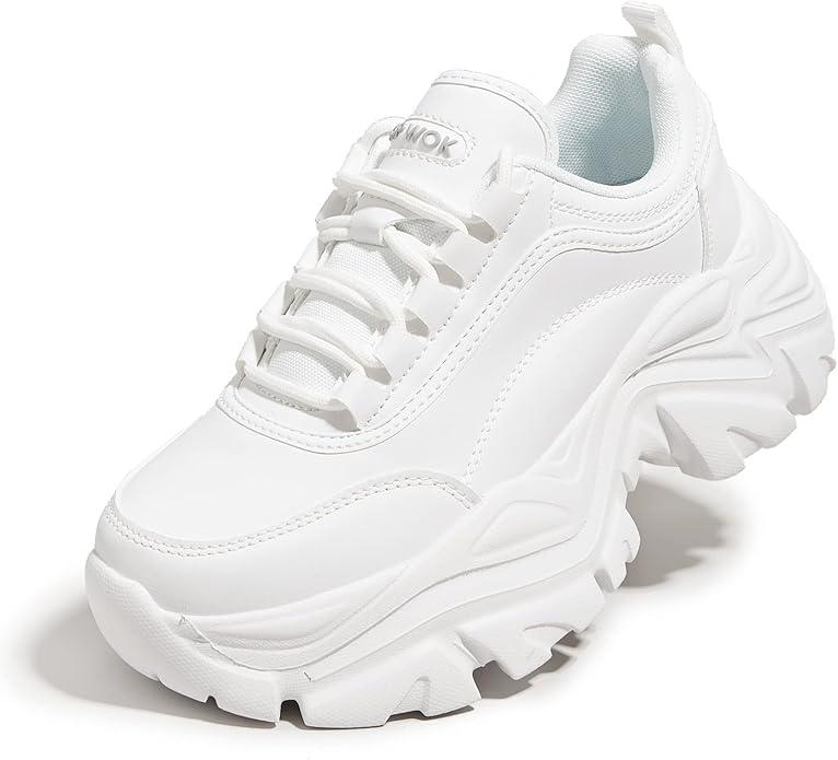 K KIP WOK Chunky Sneakers for Women Fashion Platform White Leather Casual Dad Shoes Comfortable Wedge Walking Sport Sneakers Size:8,5