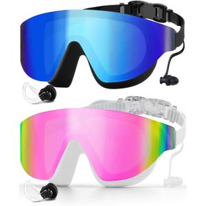 Swim Goggles 2 Pack, Rimless Wide View Swimming Goggles for Adult, Anti-Fog UV Leaking Pool Goggles for Men Women (Blue & Pink)