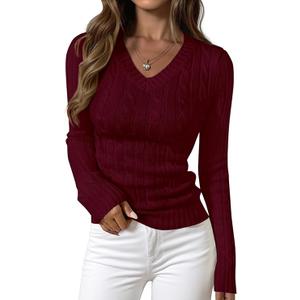 PRETTYGARDEN V Neck Cable Knit Sweaters for Women 2026 Long Sleeve Ribbed Fitted Pullover Tops Business Casual Fall Outfits, Small