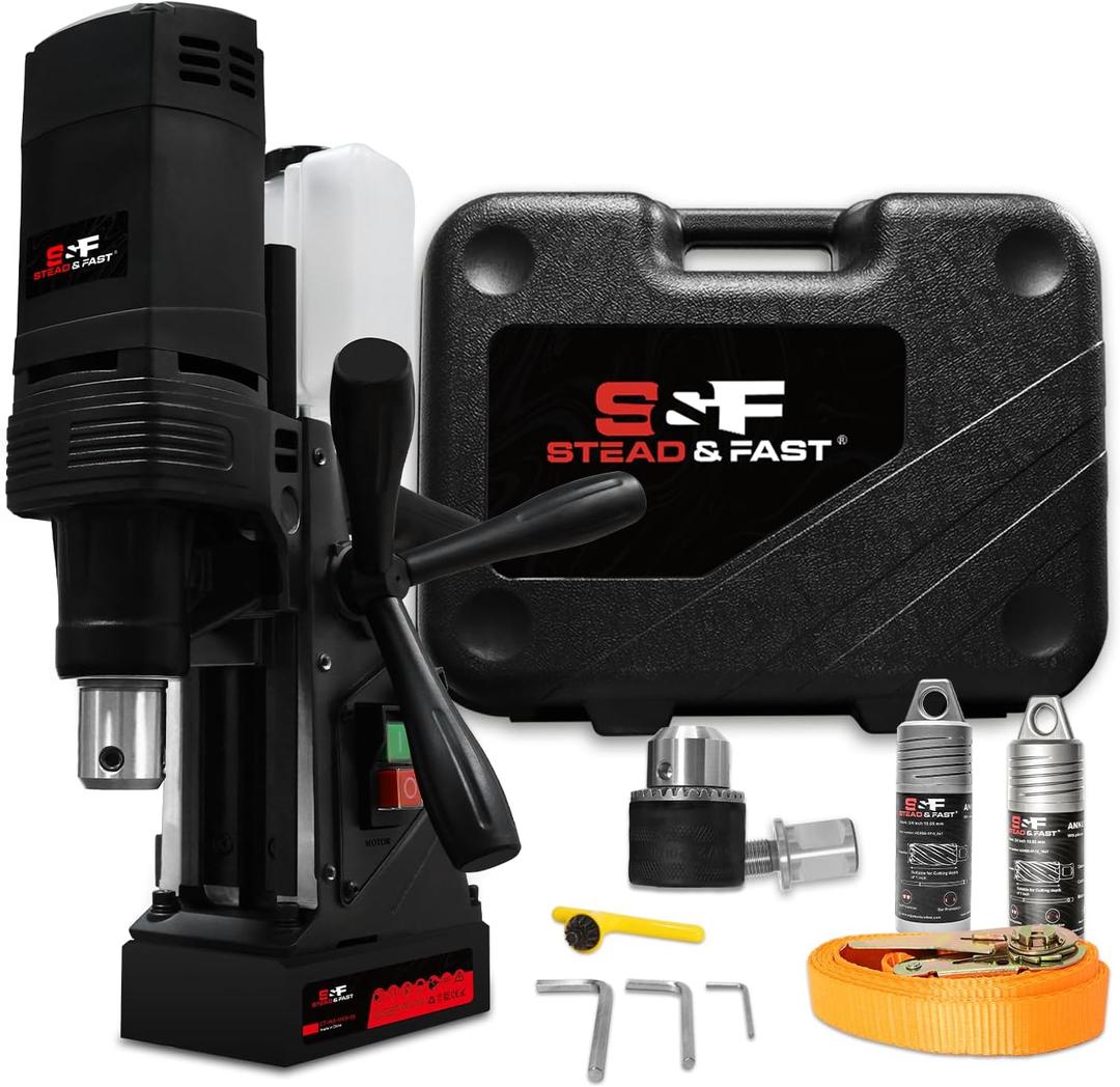 S&F STEAD & FAST Mag Drill Press Kit, 1100W Portable Magnetic Drill, 700 rpm No Load Speed, Max Depth of Cut 2", Max Boring Diameter 1-9/ 16", Carrying Case