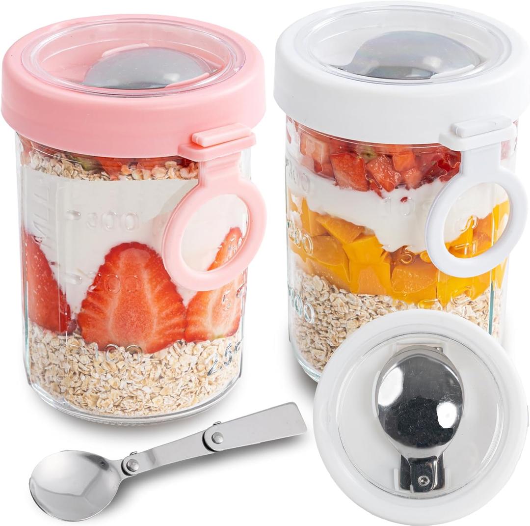 Overnight Oats Containers with Lids Folding Spoons and Silicone Handle Small Glass 16oz Mason Jars for Oatmeal Yogurt Parfait 2 Pack (Pink and white)