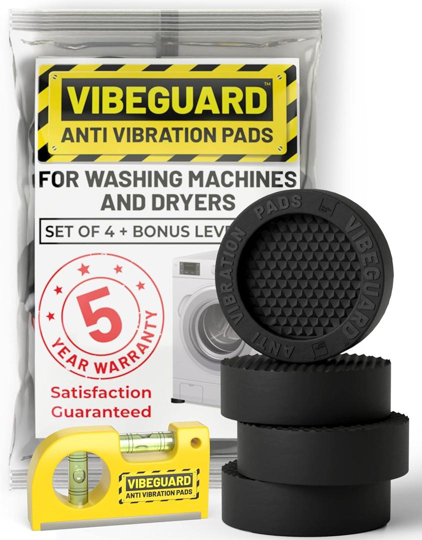 Anti Vibration Pads for Washing Machine featuring 3D TrianGrip & FREE Level Tool - Larger Opening Fits All Washer Feet - Stops Moving, Walking - Prevents Noise, Vibration Transfer - VIBEGUARD 4 Pack