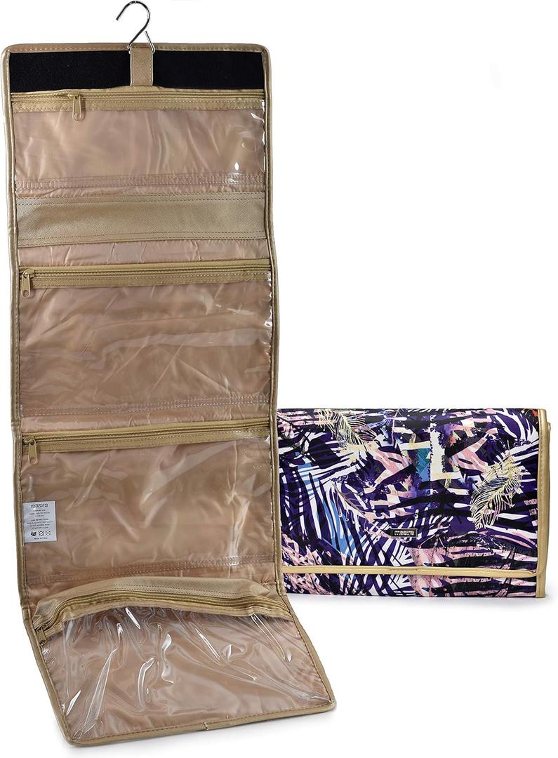 Masirs Hanging Travel Cosmetic Organizer - Streamline Your Cosmetics, Toiletries, and Jewelry while traveling. Clear Pockets with Zipper Closure and Hanging Metal Hook for Bathroom or Closet.