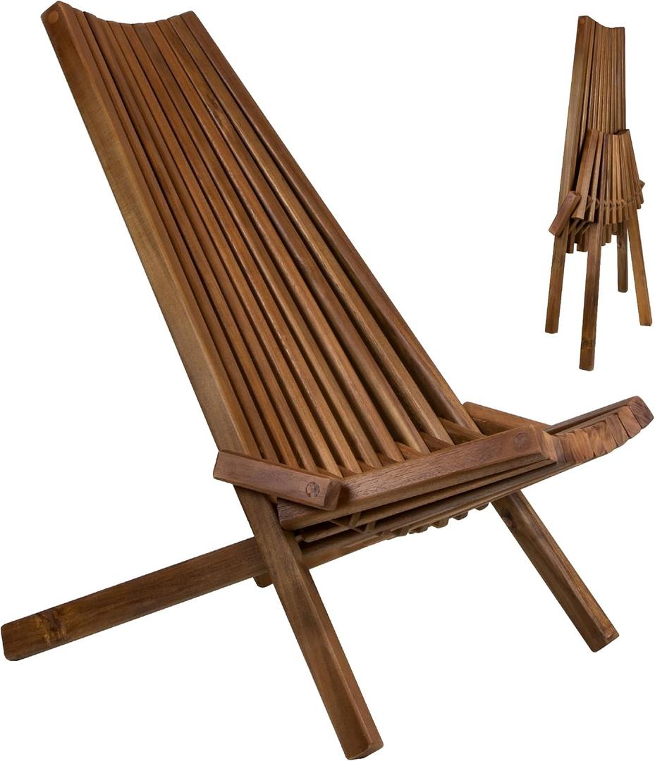 CleverMade Tamarack Folding Wooden Outdoor Chair -Stylish Low Profile Acacia Wood Lounge Chair for the Patio, Porch, Lawn, Garden or Home Furniture - Cinnamon