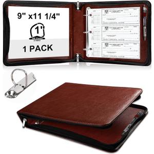 3 Rings Check Binder with Zipper PU Leather Cover for End-Stub Deskbook Personal Checks Binder for Desk fit 3 & 9 Holes Checkbook Cover 1 D Ring for Office (Not Fit 7 Holes,Light Brown)