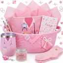 Patelai Nurse Graduation Gift Basket for Women 9 Pcs Nurses Graduation Gift Set with 12oz Tumbler Candle Makeup Bag Socks Badge Reel Pens Woven Basket & Greeting Card Nursing Grad Gifts(Pink)