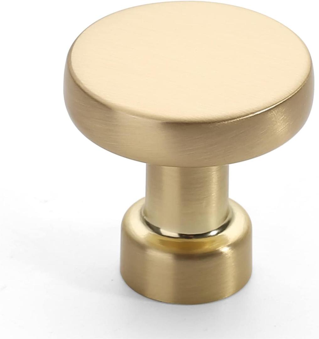 Amerdeco 10 Pack Brushed Brass Kitchen Cabinet Knobs Single Hole Cabinet Pulls Round Gold Drawer Knobs Dresser Knob for Bathroom Cabinets